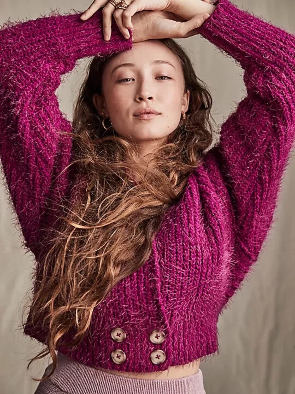 NWT Free People Frosting Crop Fuzzy Cardigan Sweater Magenta Pink Size Small